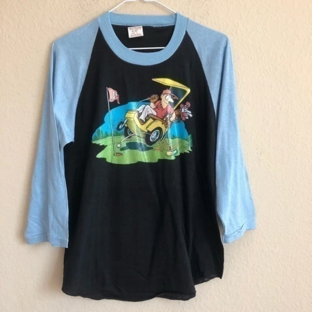 Vintage 1974 Golfer Iron-On On Blue & Black Raglan Baseball T-Shirt Tee Golf
